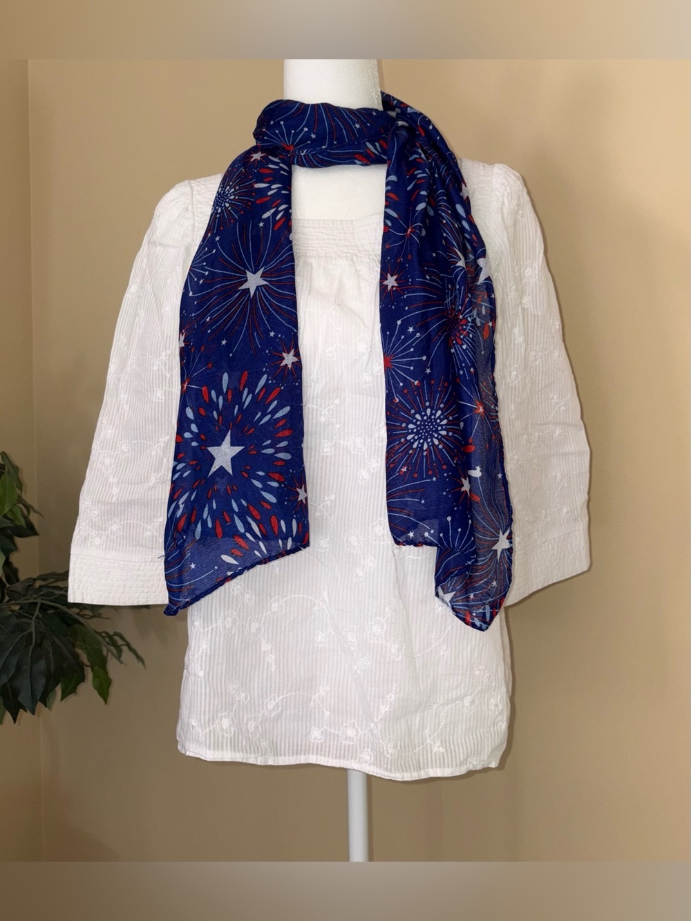 EUC Fashion Scarf, Red/White/Blue, Fireworks Pattern, Perfect for Fourth of July